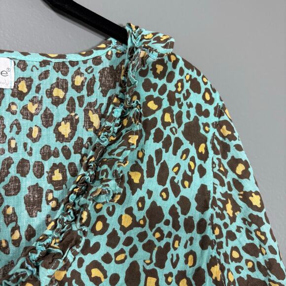 Mud Pie Bag Lady Turquoise Leopard Print 100% Linen Resort Dress - Size Small - Picture 2 of 7